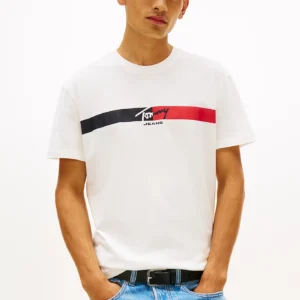 Tommy Jeans Ανδρικό Κοντομάνικο T-shirt Tjm Reg Signature Stripe T Ext DM0DM22539-YBL Ecru