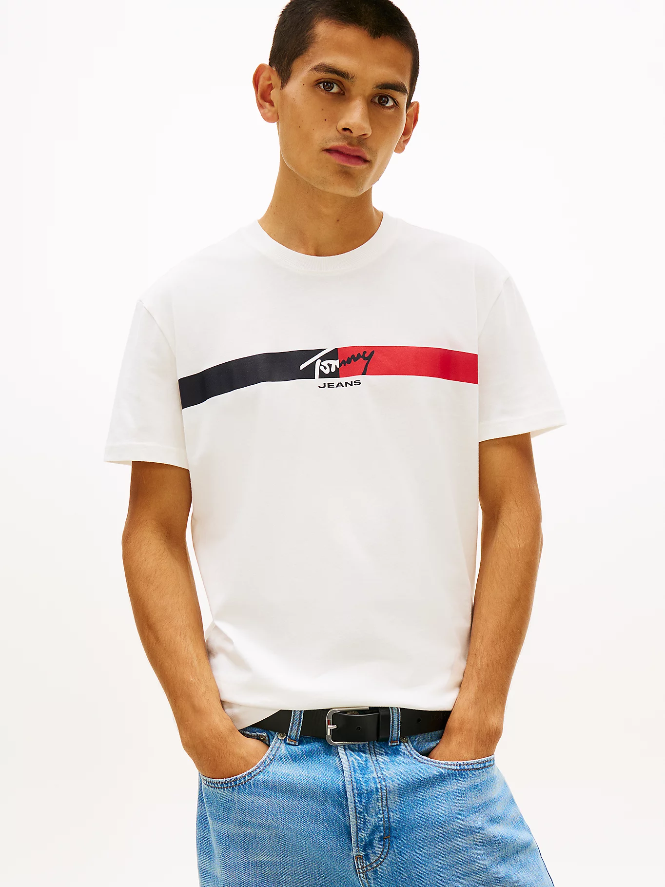 Tommy Jeans Ανδρικό Κοντομάνικο T-shirt Tjm Reg Signature Stripe T Ext DM0DM22539-YBL Ecru