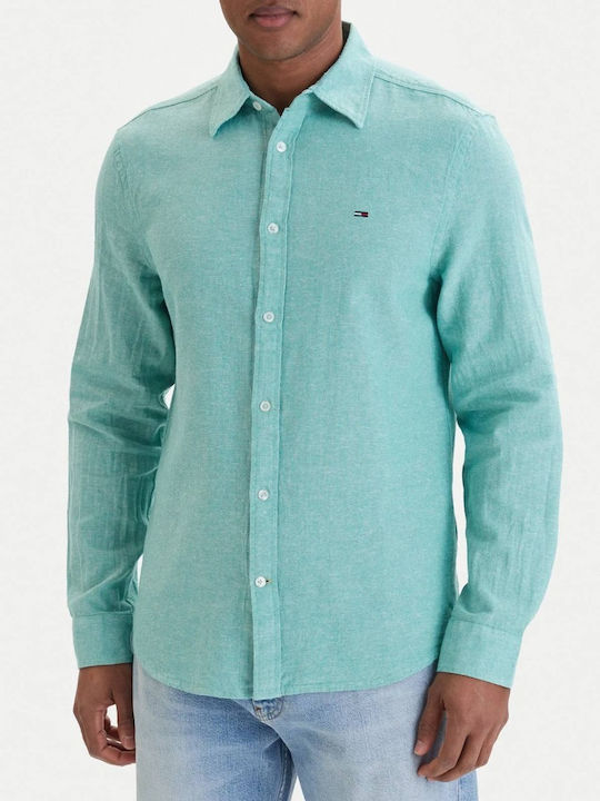 Tommy Jeans Ανδρικό Μακρυμάνικο Λινό Πουκάμισο Tjm Reg Linen Blend Shirt Ext DM0DM22761-L5Y Bahama Green